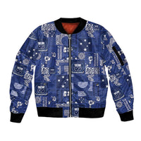 Blue Samoa Manuia Le Kerisimasi Sleeve Zip Bomber Jacket Pacific Patchwork Xmas Vibes LT9 Unisex Blue - Polynesian Pride