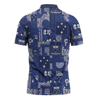 Blue Samoa Manuia Le Kerisimasi Zipper Polo Shirt Pacific Patchwork Xmas Vibes LT9 - Polynesian Pride
