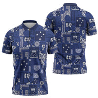 Blue Samoa Manuia Le Kerisimasi Zipper Polo Shirt Pacific Patchwork Xmas Vibes LT9 - Polynesian Pride