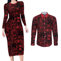 Dark Samoa Manuia Le Kerisimasi Couples Matching Long Sleeve Bodycon Dress and Long Sleeve Button Shirt Pacific Patchwork Xmas Vibes LT9 Red - Polynesian Pride