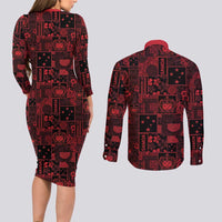 Dark Samoa Manuia Le Kerisimasi Couples Matching Long Sleeve Bodycon Dress and Long Sleeve Button Shirt Pacific Patchwork Xmas Vibes LT9 - Polynesian Pride