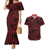 Dark Samoa Manuia Le Kerisimasi Couples Matching Mermaid Dress and Hawaiian Shirt Pacific Patchwork Xmas Vibes LT9 Red - Polynesian Pride