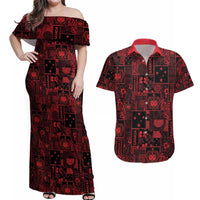 Dark Samoa Manuia Le Kerisimasi Couples Matching Off Shoulder Maxi Dress and Hawaiian Shirt Pacific Patchwork Xmas Vibes LT9 Red - Polynesian Pride