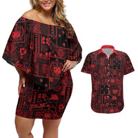 Dark Samoa Manuia Le Kerisimasi Couples Matching Off Shoulder Short Dress and Hawaiian Shirt Pacific Patchwork Xmas Vibes LT9 Red - Polynesian Pride