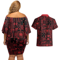 Dark Samoa Manuia Le Kerisimasi Couples Matching Off Shoulder Short Dress and Hawaiian Shirt Pacific Patchwork Xmas Vibes LT9 - Polynesian Pride
