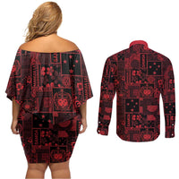 Dark Samoa Manuia Le Kerisimasi Couples Matching Off Shoulder Short Dress and Long Sleeve Button Shirt Pacific Patchwork Xmas Vibes LT9 - Polynesian Pride