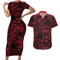 Dark Samoa Manuia Le Kerisimasi Couples Matching Short Sleeve Bodycon Dress and Hawaiian Shirt Pacific Patchwork Xmas Vibes LT9 Red - Polynesian Pride