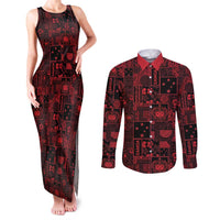 Dark Samoa Manuia Le Kerisimasi Couples Matching Tank Maxi Dress and Long Sleeve Button Shirt Pacific Patchwork Xmas Vibes LT9 Red - Polynesian Pride