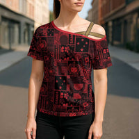 Dark Samoa Manuia Le Kerisimasi Cross Shoulder Shirt Pacific Patchwork Xmas Vibes LT9 - Polynesian Pride