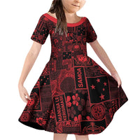 Dark Samoa Manuia Le Kerisimasi Family Matching Off Shoulder Short Dress and Hawaiian Shirt Pacific Patchwork Xmas Vibes - Polynesian Pride