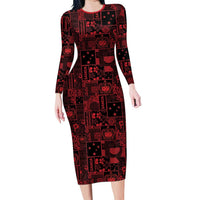 Dark Samoa Manuia Le Kerisimasi Long Sleeve Bodycon Dress Pacific Patchwork Xmas Vibes - Polynesian Pride