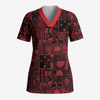 Dark Samoa Manuia Le Kerisimasi Scrub Top Pacific Patchwork Xmas Vibes LT9 Adult Red - Polynesian Pride