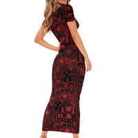 Dark Samoa Manuia Le Kerisimasi Short Sleeve Bodycon Dress Pacific Patchwork Xmas Vibes LT9 - Polynesian Pride