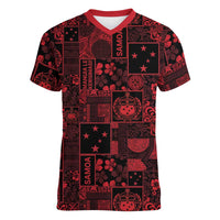 Dark Samoa Manuia Le Kerisimasi Women V-Neck T-Shirt Pacific Patchwork Xmas Vibes LT9 Female Red - Polynesian Pride