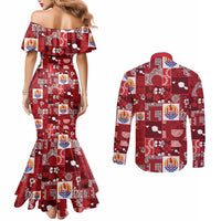 Tahiti Oaoa I Teie Noera Couples Matching Mermaid Dress and Long Sleeve Button Shirt Pacific Patchwork Xmas Vibes - Polynesian Pride