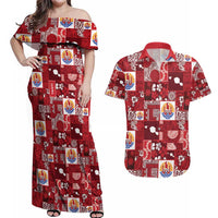 Tahiti Oaoa I Teie Noera Couples Matching Off Shoulder Maxi Dress and Hawaiian Shirt Pacific Patchwork Xmas Vibes - Polynesian Pride