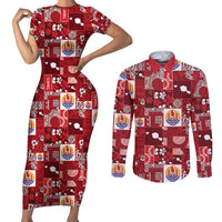Tahiti Oaoa I Teie Noera Couples Matching Short Sleeve Bodycon Dress and Long Sleeve Button Shirt Pacific Patchwork Xmas Vibes LT9 Red - Polynesian Pride