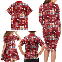Tahiti Oaoa I Teie Noera Family Matching Long Sleeve Bodycon Dress and Hawaiian Shirt Pacific Patchwork Xmas Vibes - Polynesian Pride