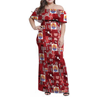 Tahiti Oaoa I Teie Noera Family Matching Off Shoulder Maxi Dress and Hawaiian Shirt Pacific Patchwork Xmas Vibes LT9 Mom's Dress Red - Polynesian Pride