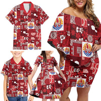 Tahiti Oaoa I Teie Noera Family Matching Off Shoulder Short Dress and Hawaiian Shirt Pacific Patchwork Xmas Vibes - Polynesian Pride