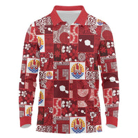 Tahiti Oaoa I Teie Noera Long Sleeve Polo Shirt Pacific Patchwork Xmas Vibes - Polynesian Pride