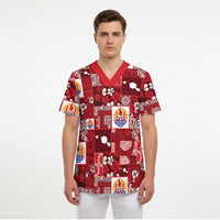 Tahiti Oaoa I Teie Noera Scrub Top Pacific Patchwork Xmas Vibes - Polynesian Pride