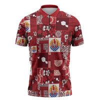 Tahiti Oaoa I Teie Noera Zipper Polo Shirt Pacific Patchwork Xmas Vibes LT9 Red - Polynesian Pride