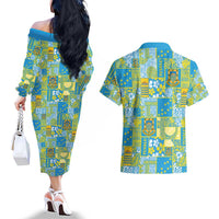 Tuvalu Manuia te Kilisimasi Couples Matching Off The Shoulder Long Sleeve Dress and Hawaiian Shirt Pacific Patchwork Xmas Vibes - Polynesian Pride