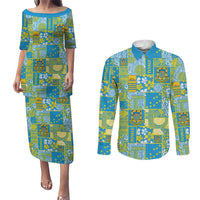 Tuvalu Manuia te Kilisimasi Couples Matching Puletasi and Long Sleeve Button Shirt Pacific Patchwork Xmas Vibes LT9 Green - Polynesian Pride