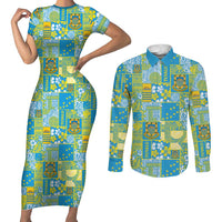 Tuvalu Manuia te Kilisimasi Couples Matching Short Sleeve Bodycon Dress and Long Sleeve Button Shirt Pacific Patchwork Xmas Vibes LT9 Green - Polynesian Pride