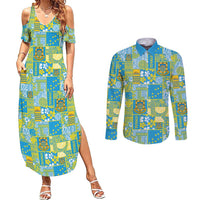 Tuvalu Manuia te Kilisimasi Couples Matching Summer Maxi Dress and Long Sleeve Button Shirt Pacific Patchwork Xmas Vibes LT9 Green - Polynesian Pride