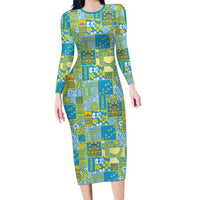 Tuvalu Manuia te Kilisimasi Long Sleeve Bodycon Dress Pacific Patchwork Xmas Vibes - Polynesian Pride