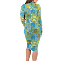 Tuvalu Manuia te Kilisimasi Long Sleeve Bodycon Dress Pacific Patchwork Xmas Vibes - Polynesian Pride
