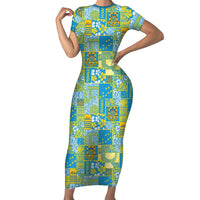 Tuvalu Manuia te Kilisimasi Short Sleeve Bodycon Dress Pacific Patchwork Xmas Vibes LT9 Long Dress Green - Polynesian Pride