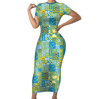 Tuvalu Manuia te Kilisimasi Short Sleeve Bodycon Dress Pacific Patchwork Xmas Vibes - Polynesian Pride