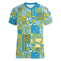 Tuvalu Manuia te Kilisimasi Women V-Neck T-Shirt Pacific Patchwork Xmas Vibes LT9 Female Green - Polynesian Pride