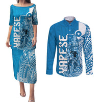 Yap Day 1 March Couples Matching Puletasi and Long Sleeve Button Shirt Micronesia Yapese Warrior LT9 Blue - Polynesian Pride