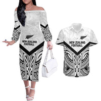 New Zealand Football Custom Couples Matching Off The Shoulder Long Sleeve Dress and Hawaiian Shirt All White Fern Go Champions