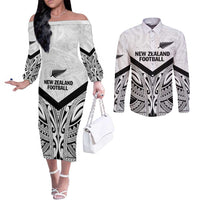New Zealand Football Custom Couples Matching Off The Shoulder Long Sleeve Dress and Long Sleeve Button Shirt All White Fern Go Champions