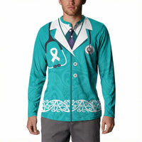 New Zealand Nurses Week Button Sweatshirt Maori Kowhaiwhai Cyan Tribal LT9 - Polynesian Pride