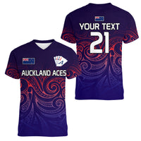 (Custom Text And Number) New Zealand Auckland Cricket Women V Neck T Shirt Maori Traditional Ethnic Style LT9 - Polynesian Pride
