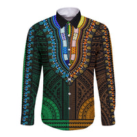 African Dashiki Long Sleeve Button Shirt With Polynesian Pattern - Half Green and Gold LT9 Unisex Green and Gold - Polynesian Pride