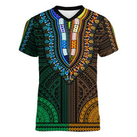 African Dashiki Women V Neck T Shirt With Polynesian Pattern - Half Green and Gold LT9 Female Green and Gold - Polynesian Pride