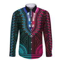 African Dashiki Long Sleeve Button Shirt With Polynesian Pattern - Half Teal and Pink LT9 Unisex Teal and Pink - Polynesian Pride
