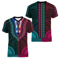 African Dashiki Women V Neck T Shirt With Polynesian Pattern - Half Teal and Pink LT9 - Polynesian Pride