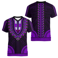 African Dashiki Women V Neck T Shirt With Polynesian Pattern - Purple LT9 - Polynesian Pride