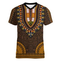 African Dashiki Women V Neck T Shirt With Tapa Pattern - Gold LT9 Female Gold - Polynesian Pride