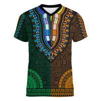 African Dashiki Women V Neck T Shirt With Tapa Pattern - Half Green and Gold LT9 Female Green and Gold - Polynesian Pride