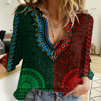 African Dashiki Women Casual Shirt With Tapa Pattern - Half Green and Red LT9 Female Green and Red - Polynesian Pride