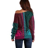 African Dashiki Off Shoulder Sweater With Tapa Pattern - Half Teal and Pink LT9 - Polynesian Pride